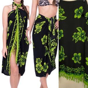 Black Green Hibiscus Tropical flower SARONG Pareo Wrap Skirt swimsuit cover-up